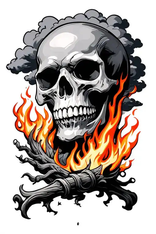 Skull And Fire With Clouds