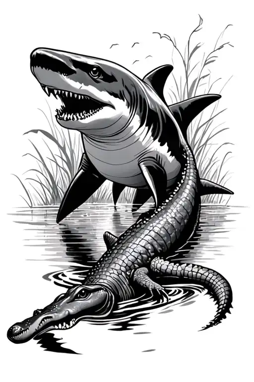 Shark And Gator Swimming Upstream