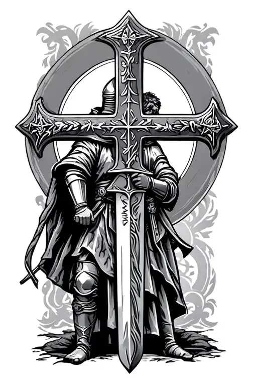 Cross Of St John And Templar Knight Holding A Sword