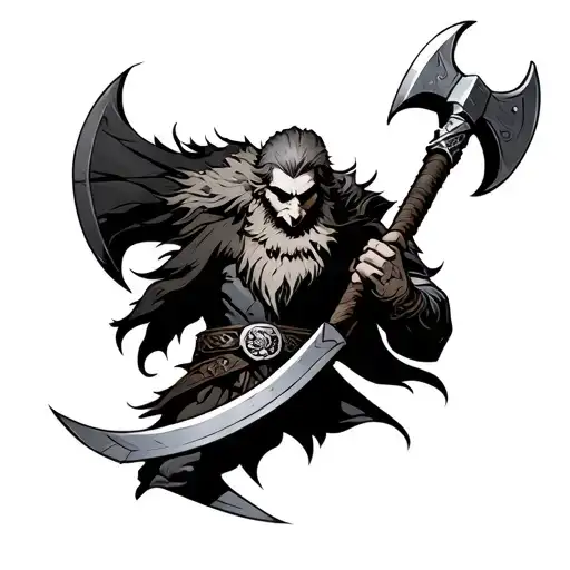 Nordic Fighter With Ax With Two Blades Right Side Is The