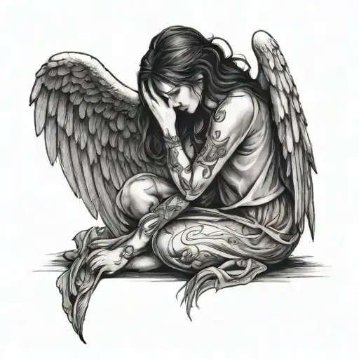 Heartbroken Woman On Knees Held By An Angel