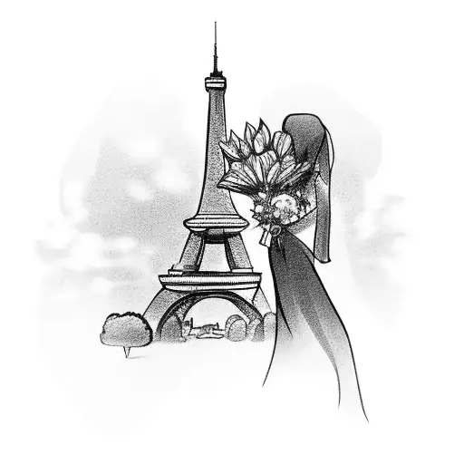 A Bride Holding A Bouquet Of Flowers With The Eiffel Tower In The Background