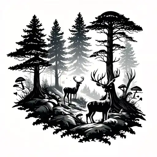Sleeve Tattoo With Tall Trees And Deer With Mushrooms