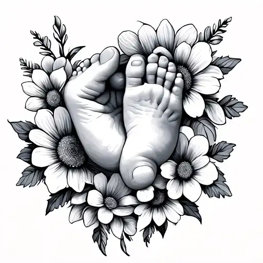 Kids Hand Beside Baby Foot With Flowers