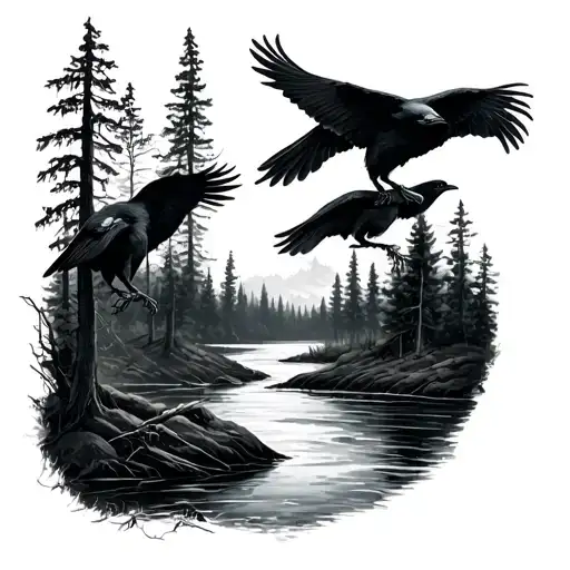 Dark Forrest With River And Ravens