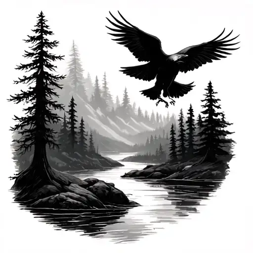 Dark Forrest With River And Ravens