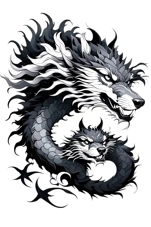 Chinese Dragon And Wolf In Front