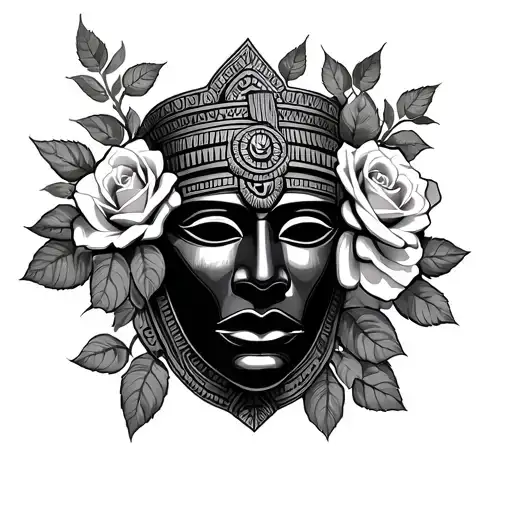 Mayan Mask With Roses Growing