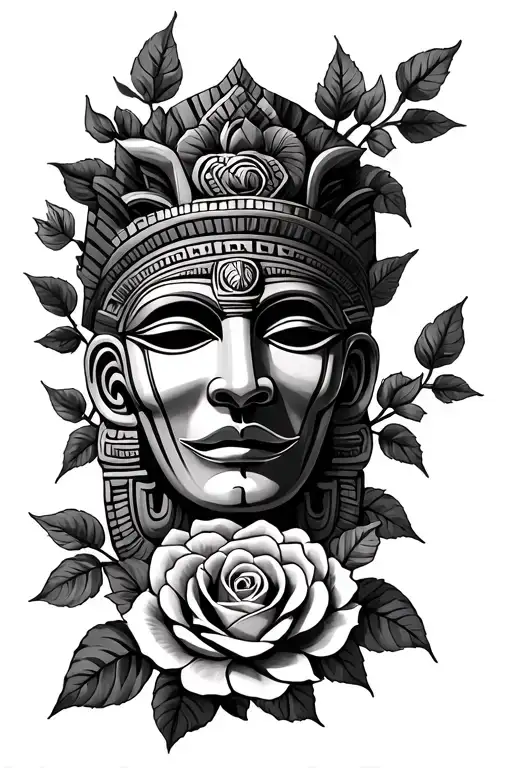 Mayan Mask With Roses Growing Together