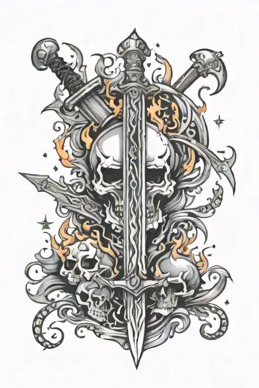 Sword In Flame With Skulls In Flame And Stars Around