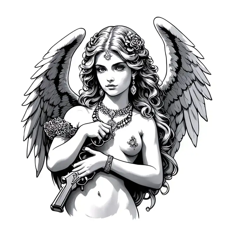 Angel Wearing Jewelry And A Gun Intertwined