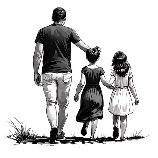 Father And Mother With Two Daughters Walking Tattoo Design With Black And White Sketch