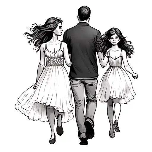 Husband And Wife With Two Daughters Walking Tattoo Design With Black And White Sketch