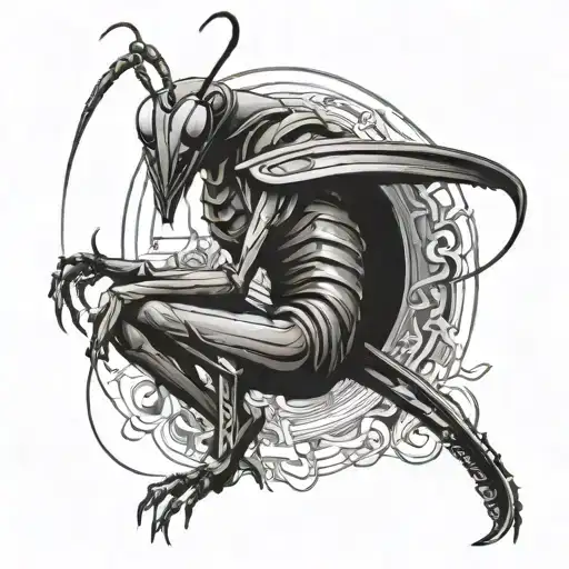 Design A Black And Grey Tattoo Of A Praying Mantis Dressed Like A Samurai Warrior