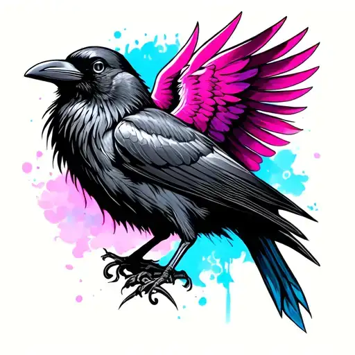 A Crow With One Pink Wing And One Blue Wing