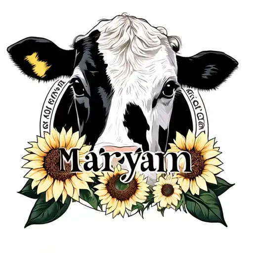 Maryann With Cow Print Inside The Letters With Sunflowers Around It