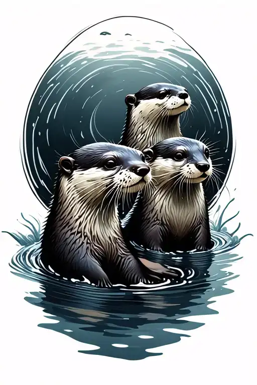 3 Otters Swimming In Enso Circle
