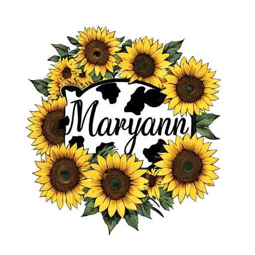 Maryann With Cow Print Inside The Letters With Sunflowers Around It