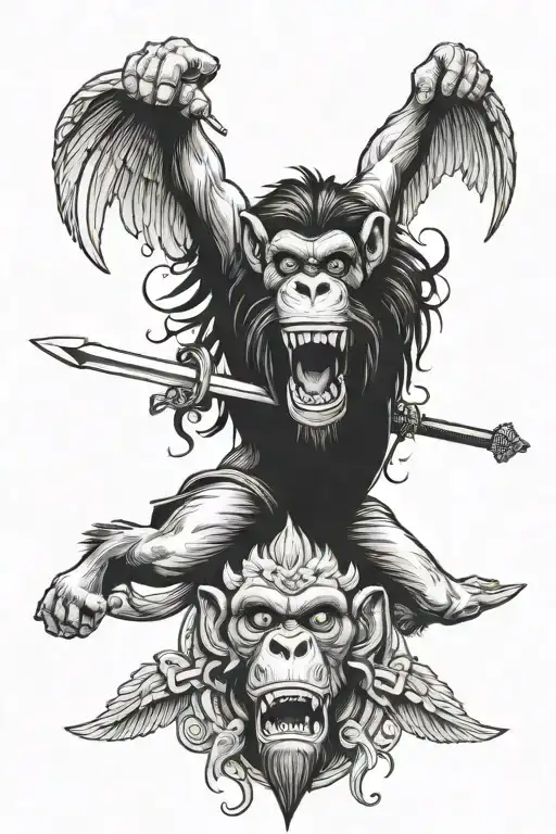Monkey Satan With Bone Wing And Monkey Satan Holding Sword And Other Hand Holding Human Head