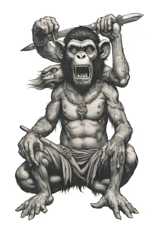 Monkey Satan Holding Sword And Other Hand Holding Human Head