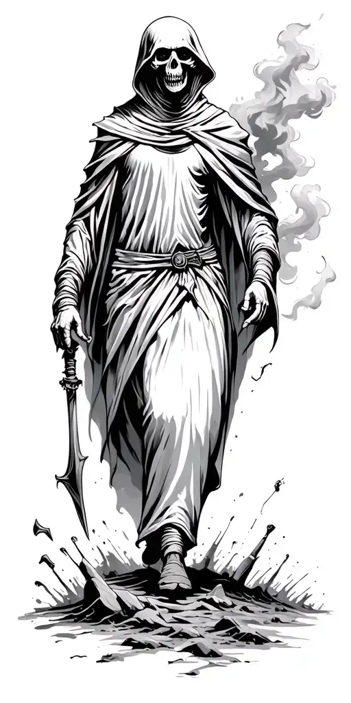 Grim Reaper Walking Through Smokey Ruins