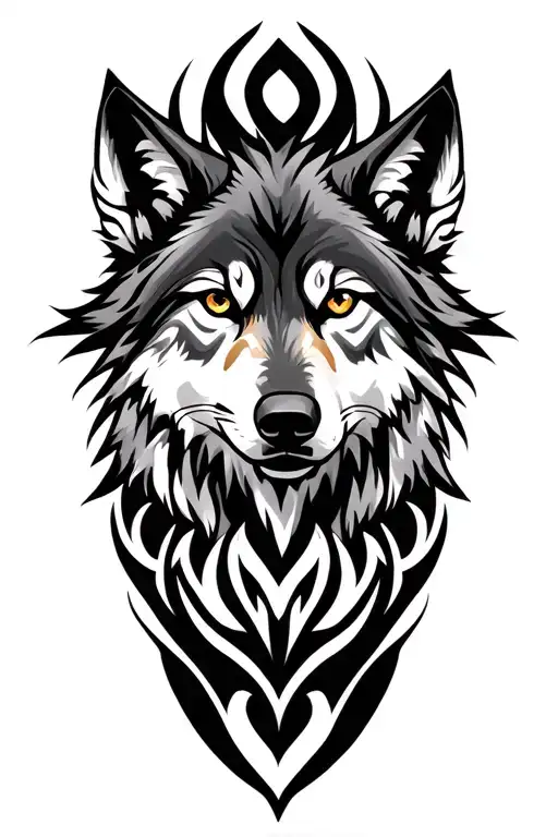 Neo Realist Wolf Head With Matching Tribal Style