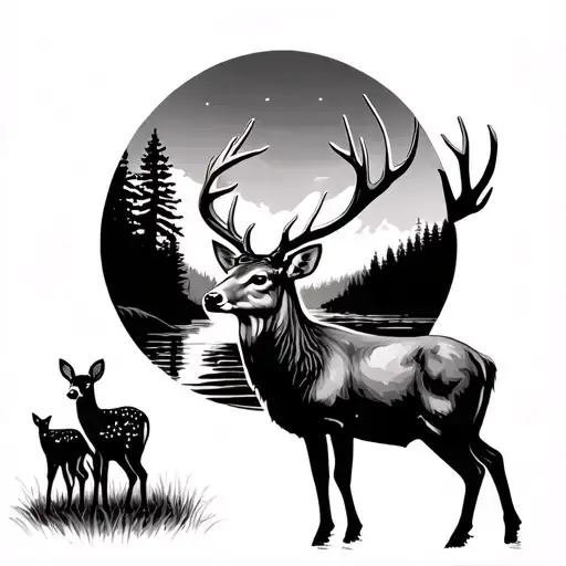 Buck Whitetail Deer With Two Fawns In A River And Wooded Area