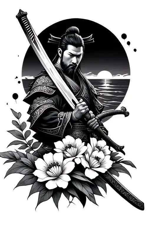 Samurai Warrior Holding Sword With Japanese Style Flowers Infront Of Him And Sunset Behind Him