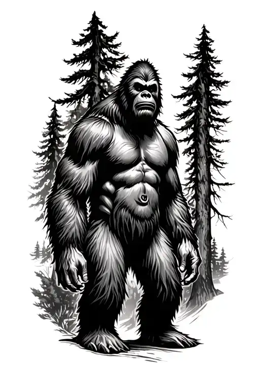Criptid Tattoo Design Featuring Bigfoot Figure Among The Trees
