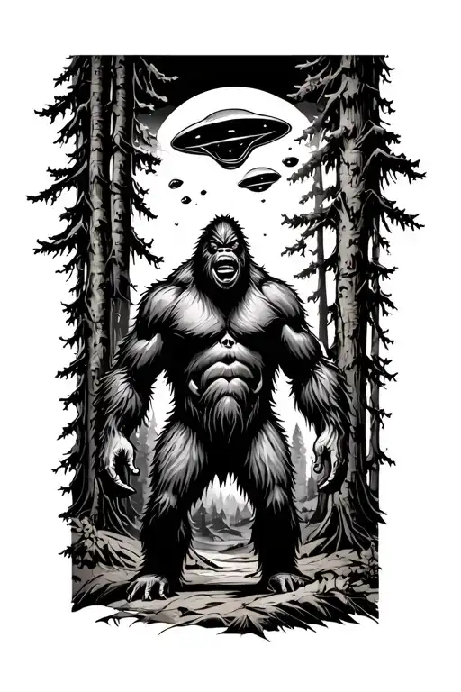 Bigfoot In The Forest With Aliens Above Him Trying To Pick Him Up