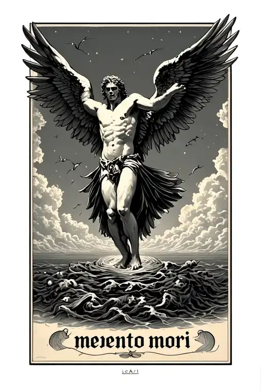Icarus Falling From The Sky With The Words Memento Mori Vertical Next To Him