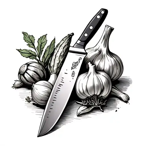 Chef Knife With Garlic And Other Vegetables