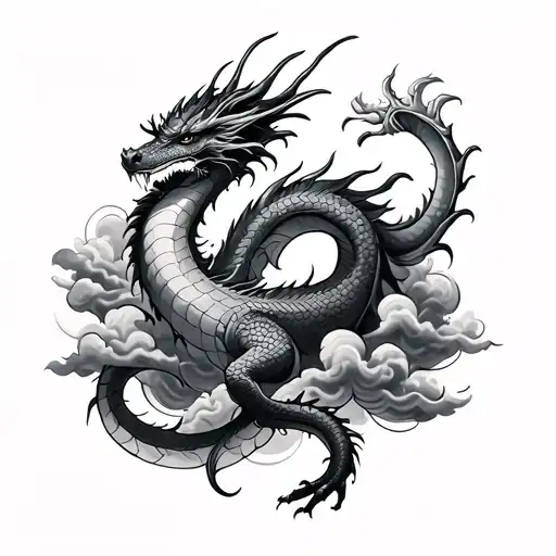 Dragon Wrapped With Detailed Clouds Surrounding And Detailed Scales