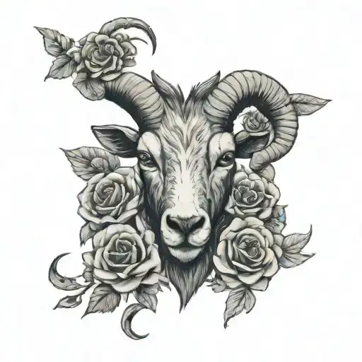Goat Head With Skulls And Roses
