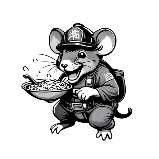 Firefighter Mouse Eating Chinese Food Laughing