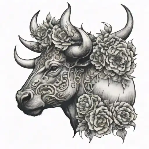 Bull Head Side View With Flowers