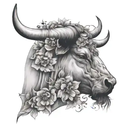 Bull Head Side View With Flowers