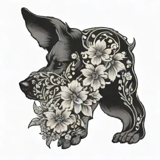 Dog Silhouette Surrounded By Flowers