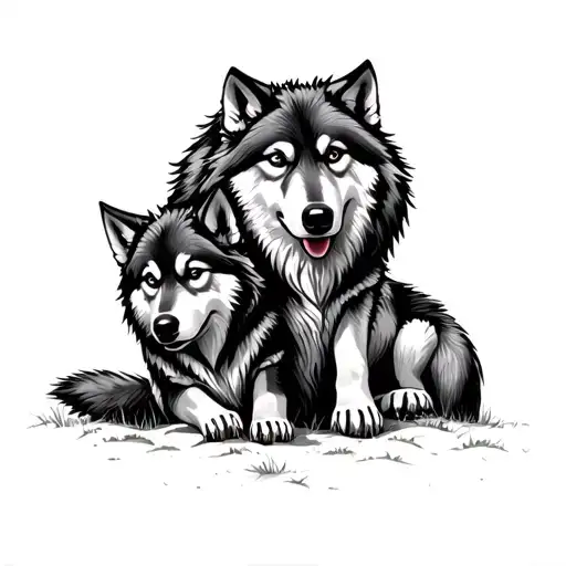 Protective Wolf Mom Standing Behind Playing Wolf Pup