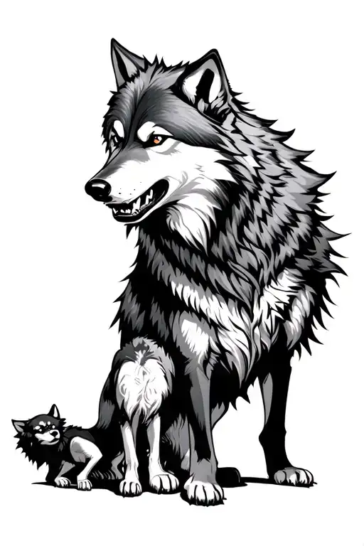 Angry Wolf Mom Standing Behind Playing Wolf Pup