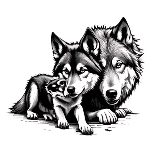 Playful Wolf Pup In Front Of Protective Wolf Mom