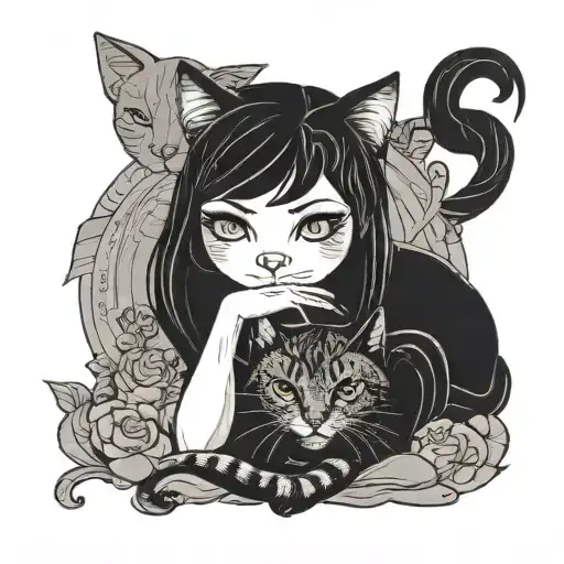 Cat And Woman Sitting