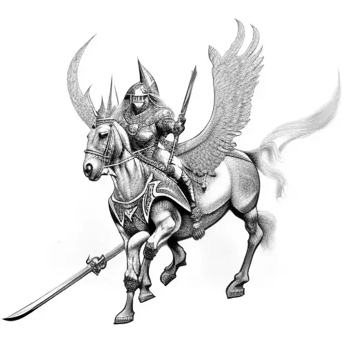 Norse Valkyrie With Weapons On A Horse