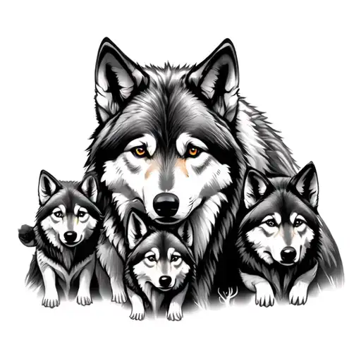 A Wolf With A She-wolf And Three Wolf Cubs