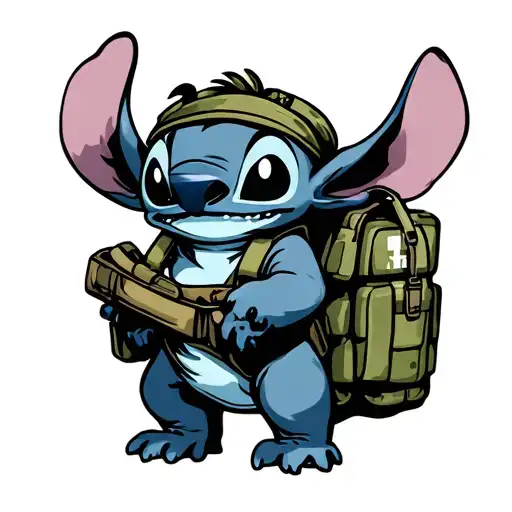 Stitch From Leo And Stitch In Full Army Kit And Aid Bag Standing Up