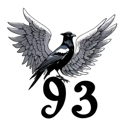 Fine Line Angel Wings With Crow And Number 93