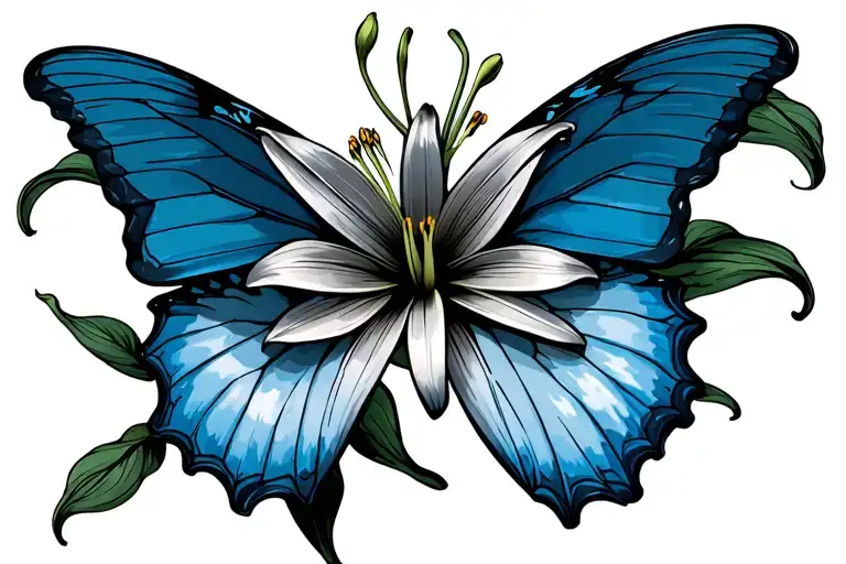 Lily Flower And A Blue Butterfly Flying