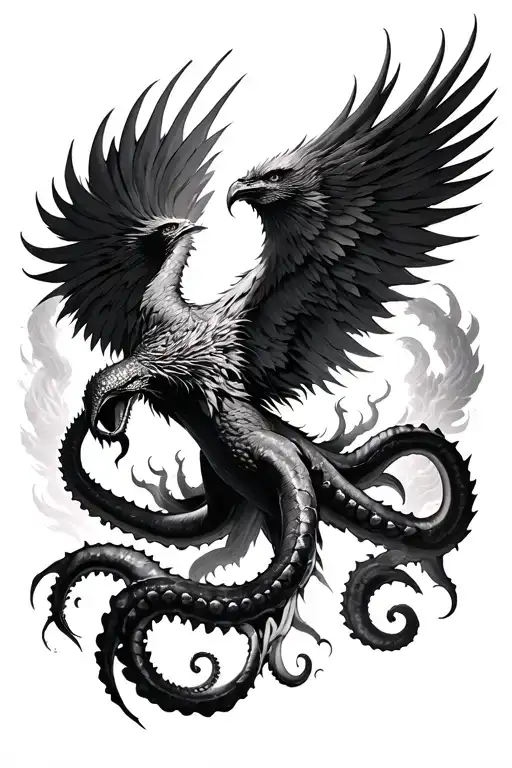 Phoenix Rising And Kraken Reaching Towards The Sky