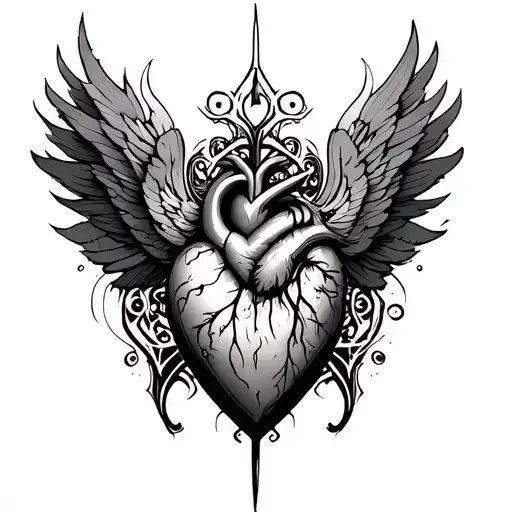 Futuristic Sacred Heart Lower Throat Tattoo Detailed With Roman Filigree Background
