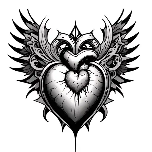 Futuristic Sacred Heart Lower Throat Tattoo Detailed With Roman Filigree Background